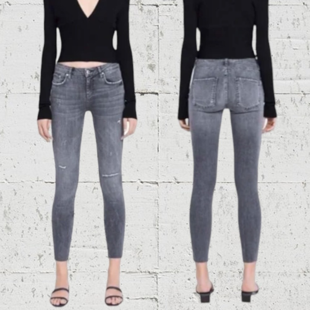 Zara High-waisted Distressed Cut-off Denim Skinny Jeans